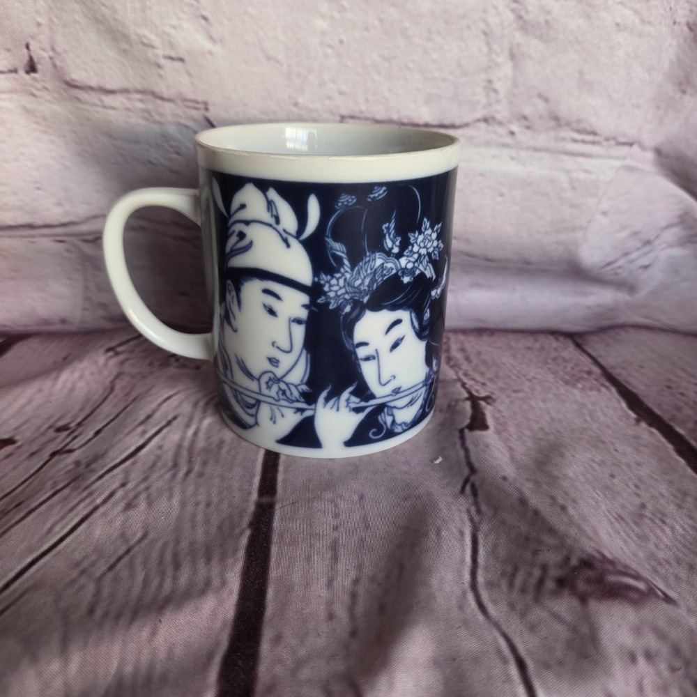 Vintage Sato Gordon Design Blue White Ceramic Coffe Mug Man Woman Flute Japanese